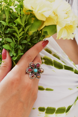 Handmade Rose Dahlia Turquoise & Mojave Turquoise Sterling Silver Ring Adjustable Ring for Women
