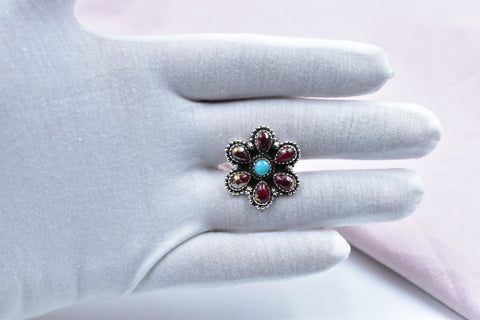 Handmade Rose Dahlia Turquoise & Mojave Turquoise Sterling Silver Ring Adjustable Ring for Women