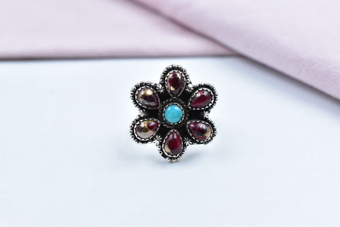 Handmade Rose Dahlia Turquoise & Mojave Turquoise Sterling Silver Ring Adjustable Ring for Women