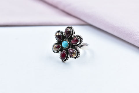Handmade Rose Dahlia & Mojave Turquoise Sterling Silver Ring Adjustable Ring