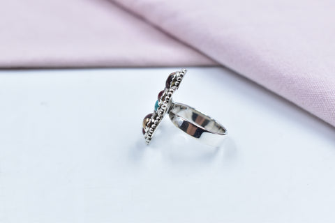Handmade Rose Dahlia & Mojave Turquoise Sterling Silver Ring Adjustable Ring