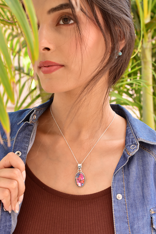 Handmade Pink Dahlia Turquoise 925 Sterling Silver Pendant