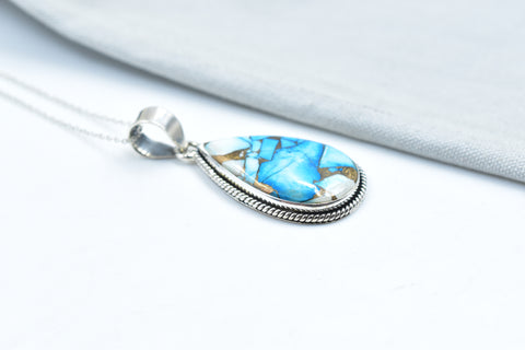 Handmade Ice Blue Dahlia Turquoise 925 Sterling Silver Pendant