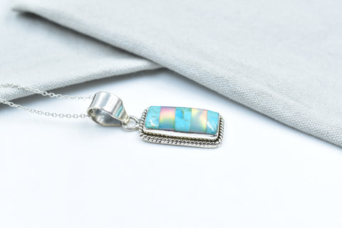 Handmade Aurora Opal & Mojave Turquoise 925 Sterling Silver Pendant