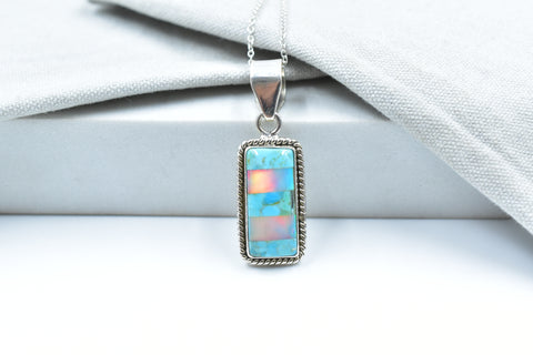 Handmade Aurora Opal & Mojave Turquoise 925 Sterling Silver Pendant