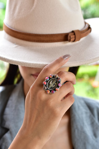 Handmade Pink Dahlia Turquoise 925 Sterling Silver Ring
