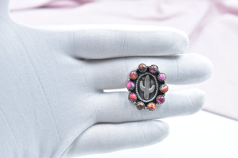 Handmade Pink Dahlia Turquoise 925 Sterling Silver Ring