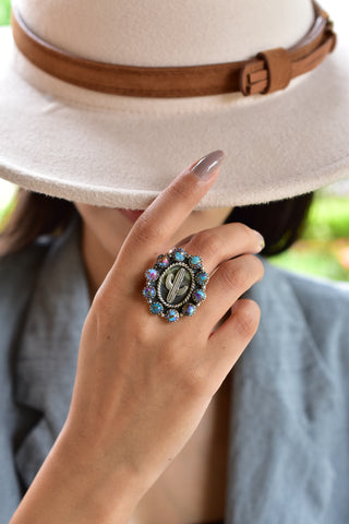 Handmade Pink Dahlia Turquoise 925 Sterling Silver Ring