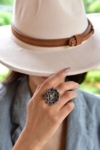 Handmade Purple Dahlia Turquoise 925 Sterling Silver Ring