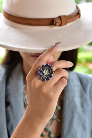 Handmade Purple Dahlia Turquoise 925 Sterling Silver Ring