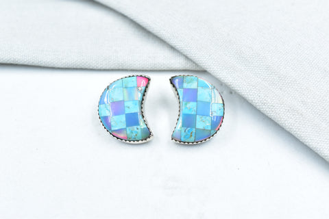 Handmade Turquoise & Aurora Opal 925 Sterling Silver Studs
