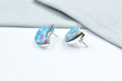 Handmade Turquoise & Aurora Opal 925 Sterling Silver Studs