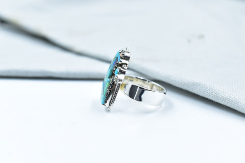Handmade Mojave Turquoise & Aurora Opal Checkered Ring in 925 Sterling Silver