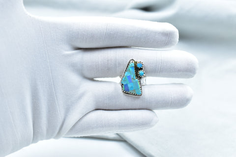 Handmade Mojave Turquoise & Aurora Opal Checkered Ring in 925 Sterling Silver