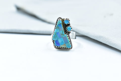Handmade Mojave Turquoise & Aurora Opal Checkered Ring in 925 Sterling Silver