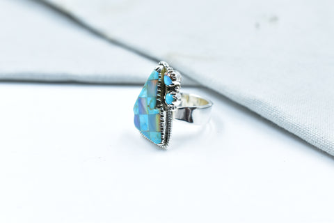 Handmade Mojave Turquoise & Aurora Opal Checkered Ring in 925 Sterling Silver