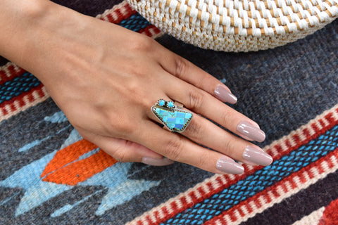 Handmade Mojave Turquoise & Aurora Opal Checkered Ring in 925 Sterling Silver