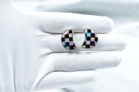 Handmade Aurora Opal & Black Onyx Checkered Sterling Silver Studs Earring