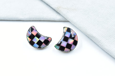 Handmade Aurora Opal & Black Onyx Checkered Sterling Silver Studs Earring