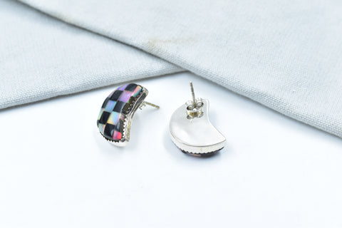 Handmade Aurora Opal & Black Onyx Checkered Sterling Silver Studs Earring