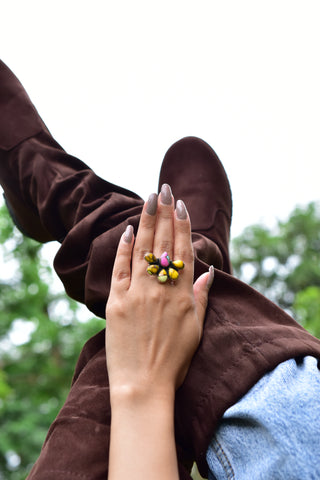 Handmade Honey Dahlia & Cotton Candy Turquoise Sterling Silver Adjustable Ring