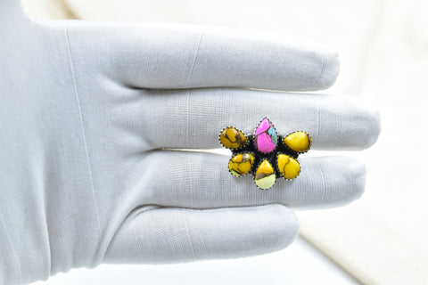 Handmade Honey Dahlia & Cotton Candy Turquoise Sterling Silver Adjustable Ring