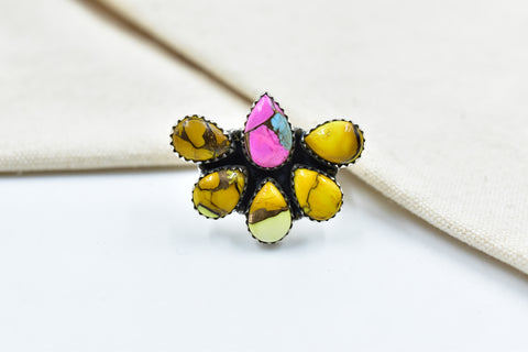 Handmade Honey Dahlia & Cotton Candy Turquoise Sterling Silver Adjustable Ring