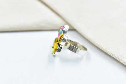 Handmade Honey Dahlia & Cotton Candy Turquoise Sterling Silver Adjustable Ring