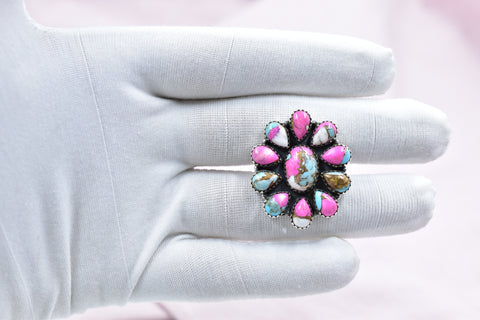 Handmade Cotton Candy Dahlia 925 Sterling Silver Adjustable Ring