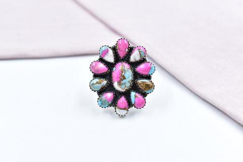 Handmade Cotton Candy Dahlia 925 Sterling Silver Adjustable Ring