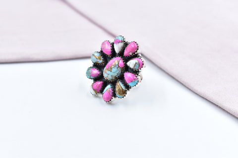 Handmade Cotton Candy Dahlia 925 Sterling Silver Adjustable Ring