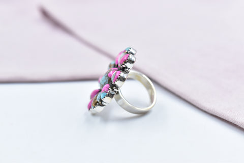 Handmade Cotton Candy Dahlia 925 Sterling Silver Adjustable Ring