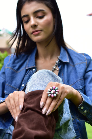 Handmade Cotton Candy Dahlia 925 Sterling Silver  Adjustable Ring
