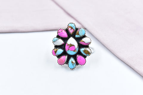 Handmade Cotton Candy Dahlia 925 Sterling Silver  Adjustable Ring