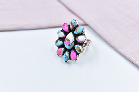 Handmade Cotton Candy Dahlia 925 Sterling Silver  Adjustable Ring