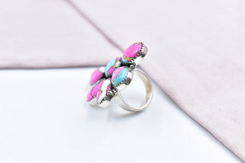 Handmade Cotton Candy Dahlia 925 Sterling Silver Adjustable Ring