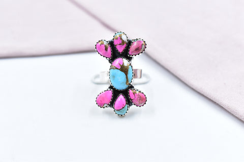 Handmade Cotton Candy Dahlia 925 Sterling Silver Adjustable Ring