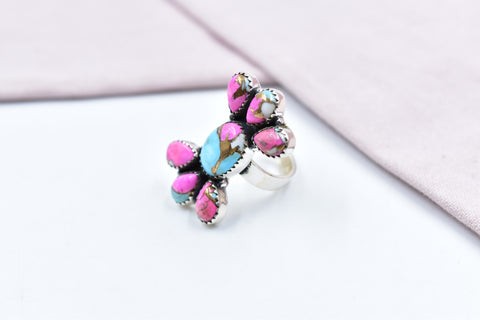 Handmade Cotton Candy Dahlia 925 Sterling Silver Adjustable Ring