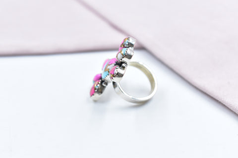Handmade Cotton Candy Dahlia 925 Sterling Silver Adjustable Ring