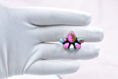 Handmade Cotton Candy Dahlia 925 Sterling Silver Adjustable Ring