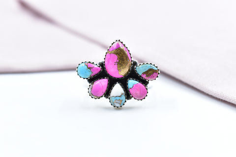 Handmade Cotton Candy Dahlia 925 Sterling Silver Adjustable Ring