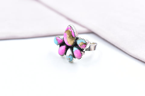 Handmade Cotton Candy Dahlia 925 Sterling Silver Adjustable Ring