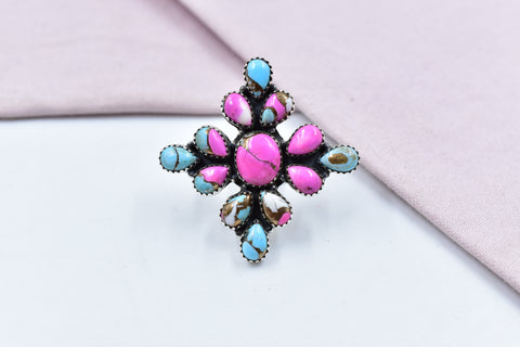 Handmade Cotton Candy Dahlia 925 Sterling Silver  Adjustable Ring