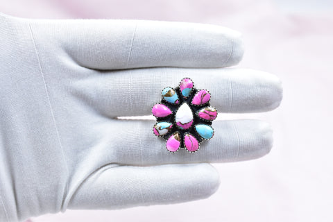 Handmade Cotton Candy Dahlia 925 Sterling Silver Adjustable Ring