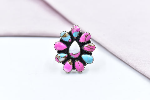 Handmade Cotton Candy Dahlia 925 Sterling Silver Adjustable Ring