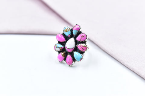 Handmade Cotton Candy Dahlia 925 Sterling Silver Adjustable Ring