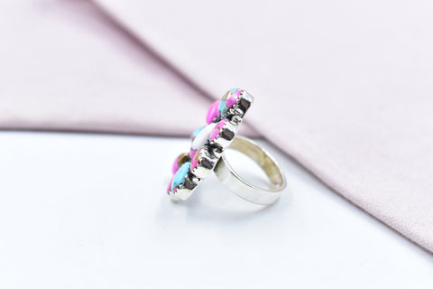 Handmade Cotton Candy Dahlia 925 Sterling Silver Adjustable Ring