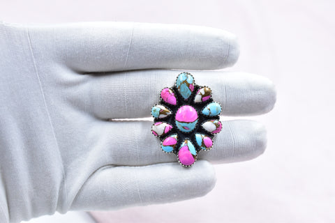 Handmade Cotton Candy Dahlia 925 Sterling Silver  Adjustable Ring