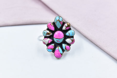 Handmade Cotton Candy Dahlia 925 Sterling Silver  Adjustable Ring