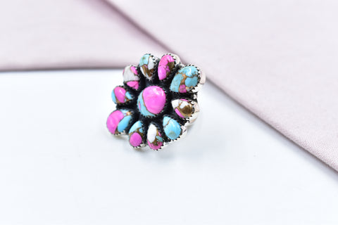 Handmade Cotton Candy Dahlia 925 Sterling Silver  Adjustable Ring